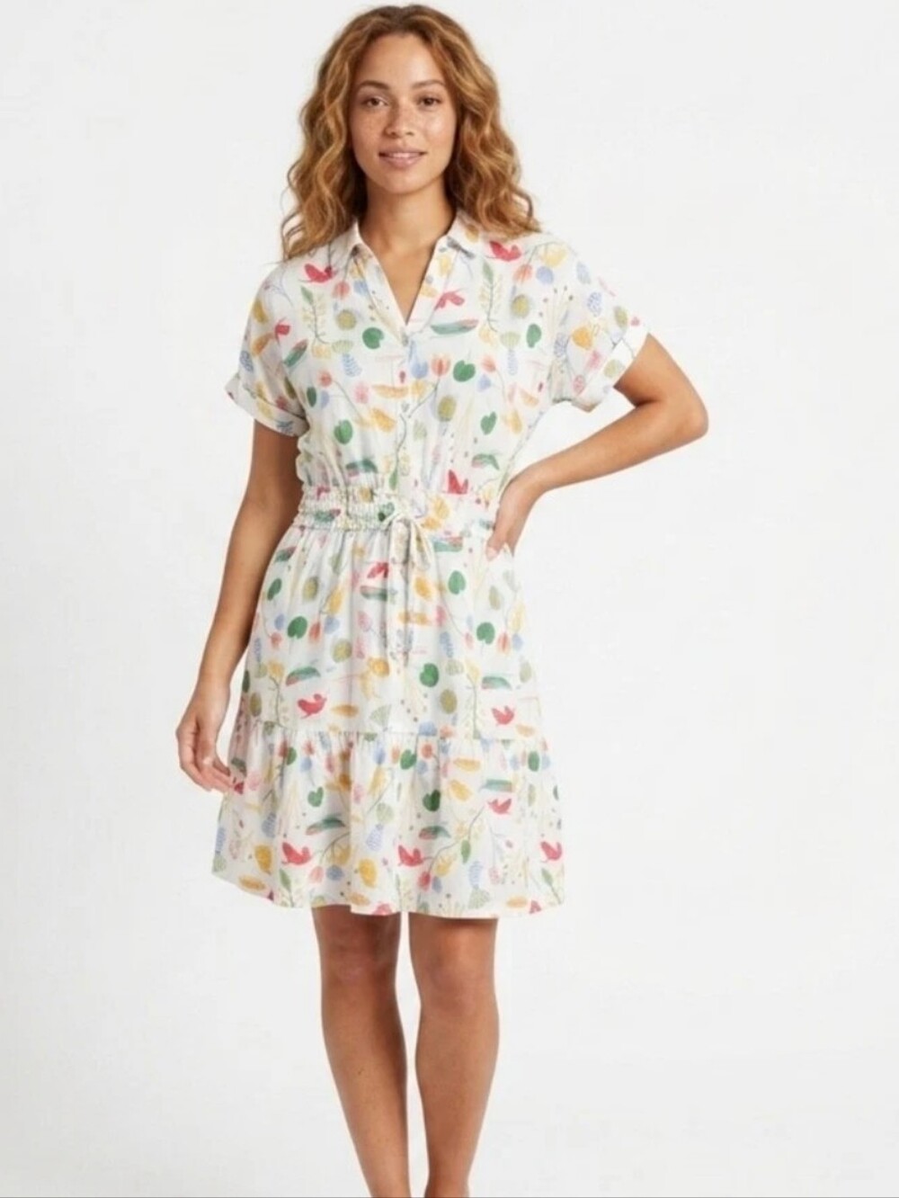 Cynthia Rowley Multicolor Floral Linen Blend  Tiered Shirt Dress Sz L
